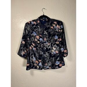 MEIDENG Fashion Women's Navy Floral Print Jacket Mandarin Collar Frog Closure XL